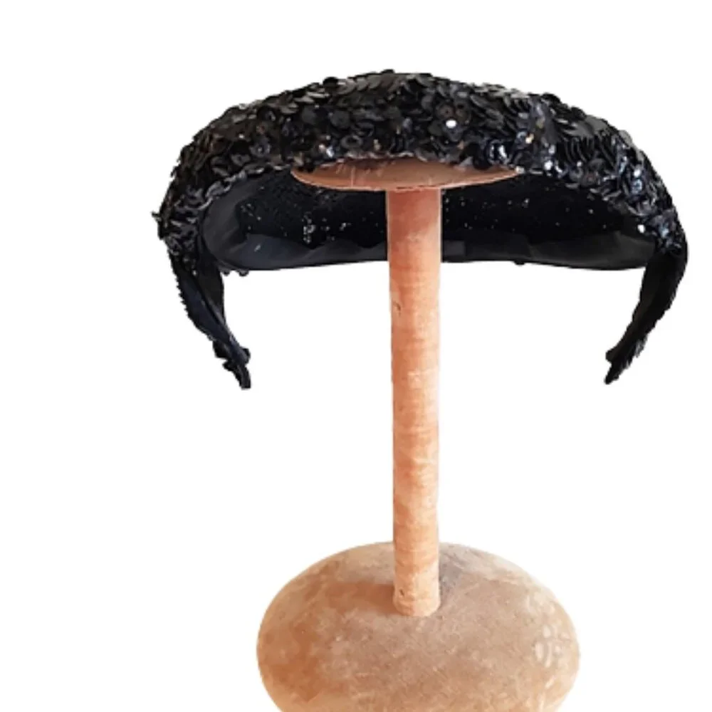 1950s True Vintage Sm Black Cocktail Band Hat Completely Covered With Sequins - Picture 4 of 6